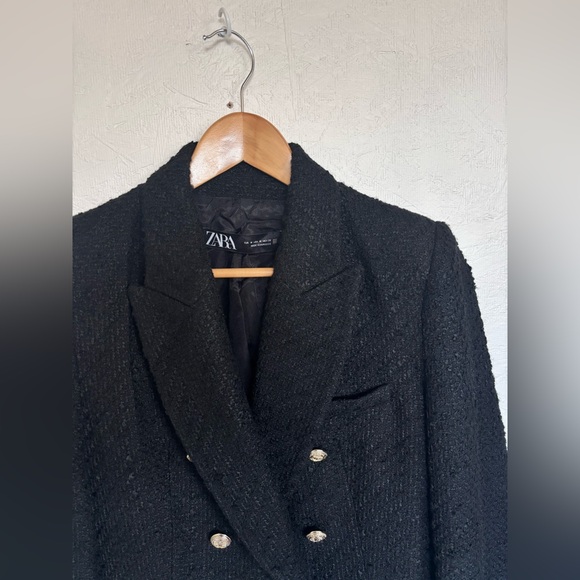 RARE Zara Black Textured Weave Tweed Double Breasted Gold Buttons Blazer Jacket - Picture 6 of 16